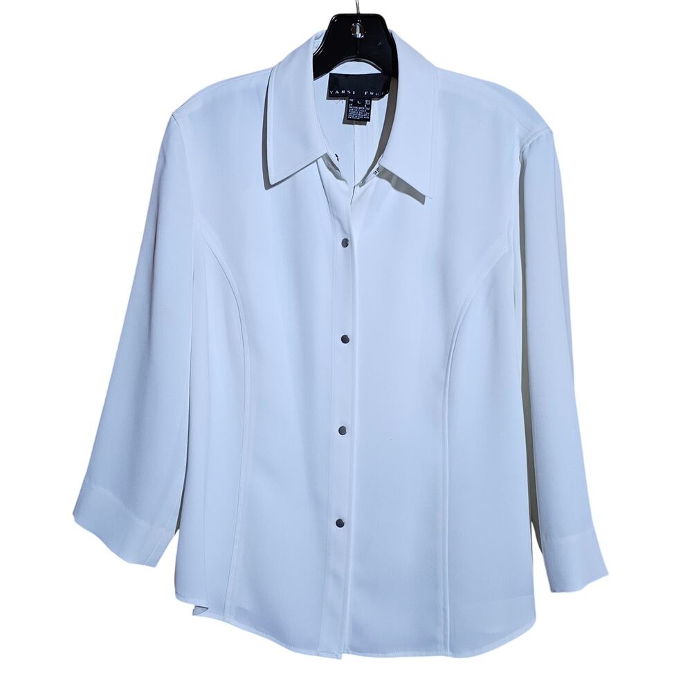 Vintage Yansi Fugel White Button Down Blouse Quiet Luxury Corporate Siren Sz Lg